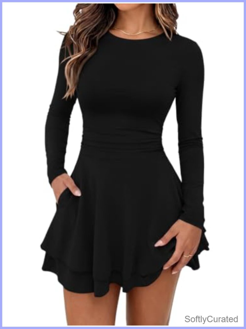 Womens Crew Neck Long Sleeve Flowy Hem Mini Dress Ruched Waist Party Club